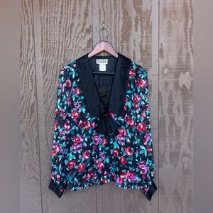 Vintage 80s Teddi Floral Satin Secretary Blouse Sheer Sleeve Medium Retro Preppy